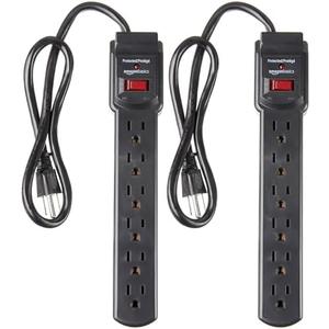 Amazon Basics Surge Protector Power Strip, 6-Outlet with 200J Protection, 2ft Extension Cord, Rectangle, Black (2 Pack)