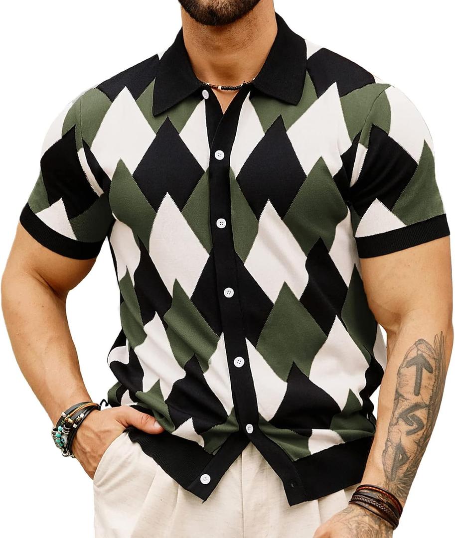 GRACE KARIN Men's Short Sleeve Argyle Cardigan Sweater Slim Fit Polo Shirts Knitwear Green L