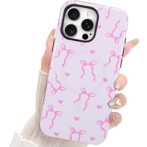 Fiyart Designed for iPhone 16 Pro Case Cute Trendy Aesthetic Bow Pattern Compatible with MagSafe Checkered for Women Girls Hard Phone Shockproof Cover 6.3",Pink Ribbon Bowknot