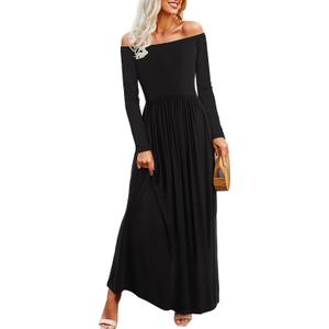 Amoretu Dresses for Women Long Sleeve Off Shoulder Maxi Flowy Casual Loose Plain Dress with Pockets (Large, Black)