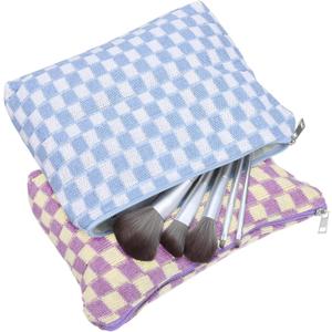 2pcs Checkered Makeup Bags for Women Small Zipper Storage Pouches for Cosmetics and Period Pads Lightweight Toiletry Organizer for Travel and Everyday Use
