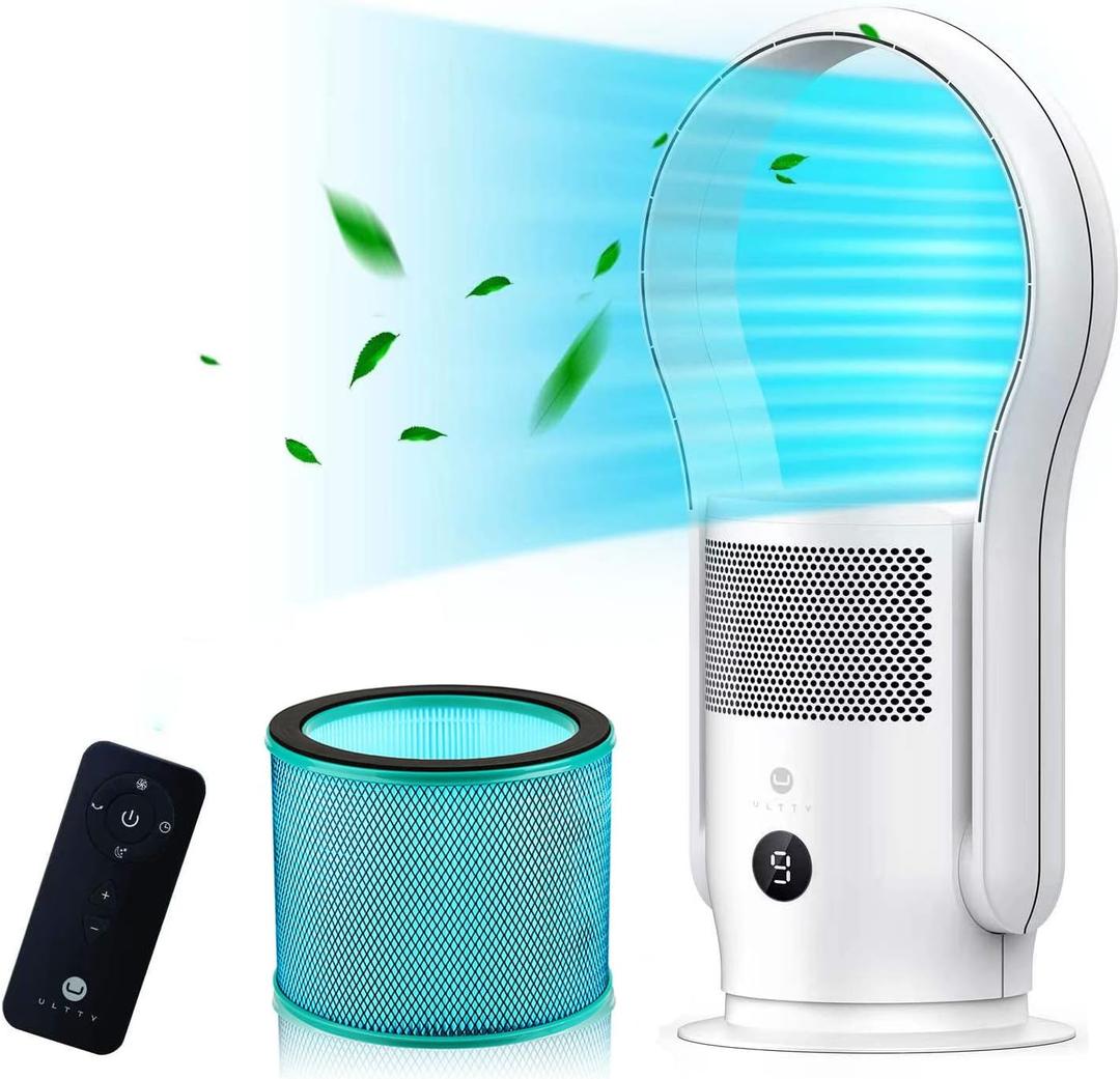 ULTTY Bladeless Tower Fan and Air Purifier, 90 Oscillating Tower Fan with HEPA Filter, Remote Control, Touch, 8H Timer, 9 Speeds, Powerful Floor Fan for Bedroom Room Home Office, White
