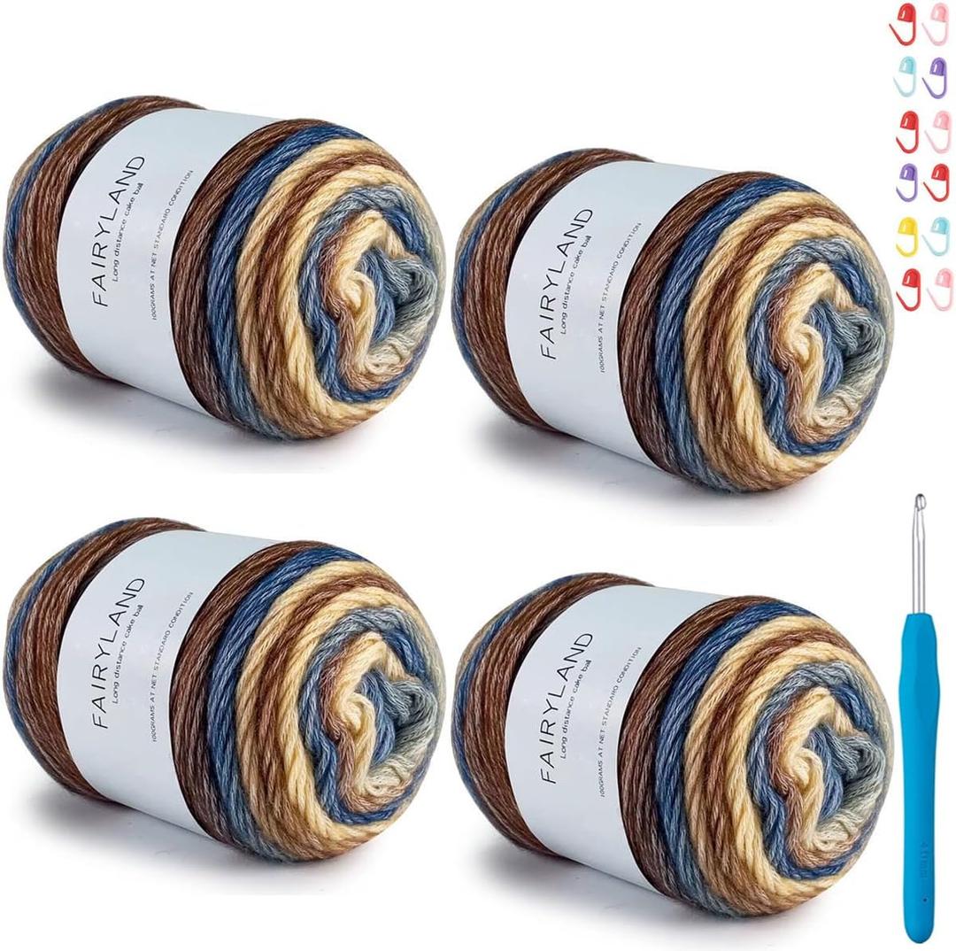 Yarn for Crocheting-Gradient Cake Yarn Ombr Yarn with Vibrant Colors-4x100g 60% Cotton 30% Acrylic 10% Wool,Colorful Soft Rainbow Cotton Crochet Yarn Perfect for Shawls,Scarves,Sweater and Blanket