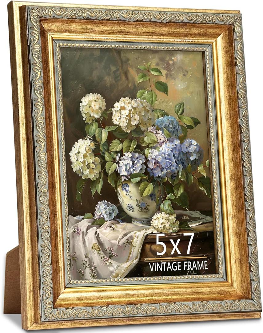 5x7 Picture Frame, Ornate Vintage Gold Picture Frames with HD Glass for Wall Hanging and Tabletop Display, 5 x 7 Antique Photo Frame with Distressed Rust-Like Finish, Retro Home Decor