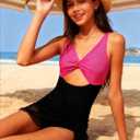 Funnycokid Girls One Piece Swimsuit Color Block Teen Bathing Suit with Pad Cover Up Skirt(7-16Y)