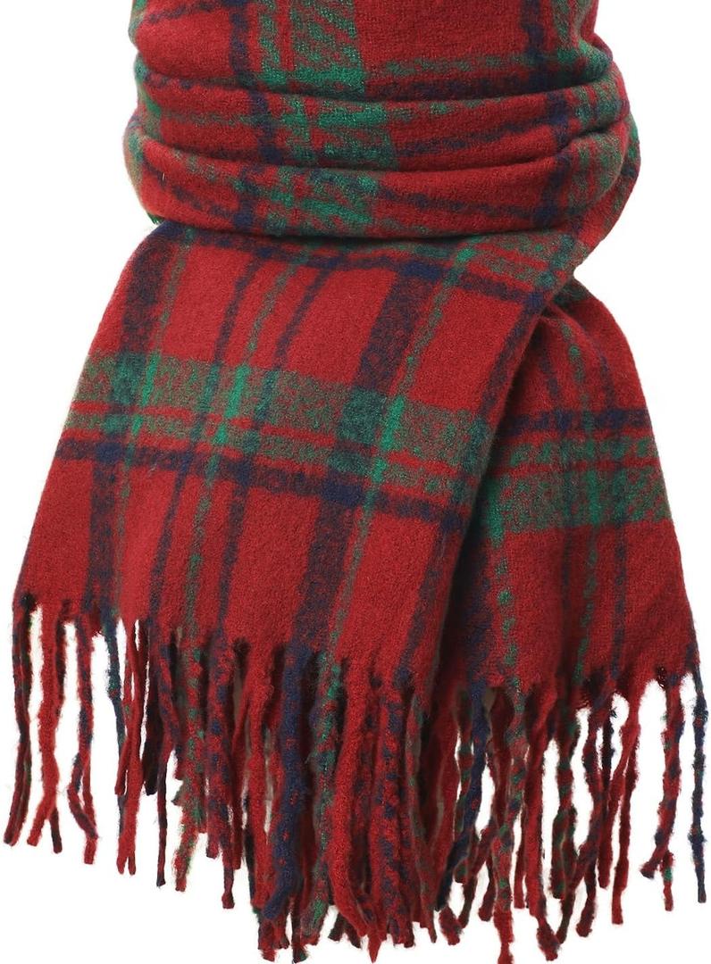 Tavaleu Winter Scarf for Women, Cashmere Feel Scarf Blanket Plaid Scarfs, Shawls Wraps Womens Scarves Fall Warm Tassel Shawls (Green-red)