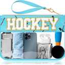 Hockey Gifts Makeup Bag with Chenille Letter Patch, Clear Cosmetic Pouch PVC Organizer Purse, Waterproof Travel Bag, Portable Toiletry Storage Bag for Her Friends (Ice blue-Hockey)