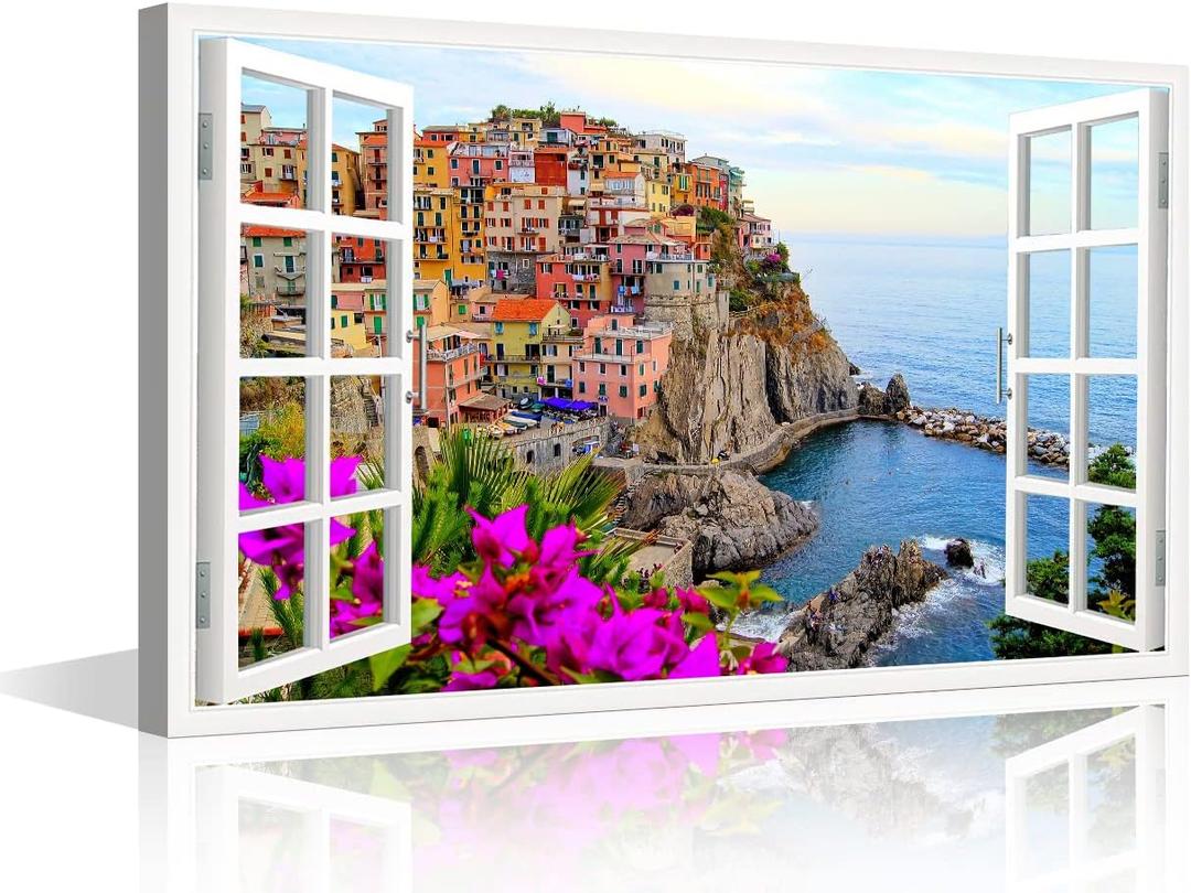 3D Window Effect Canvas Wall Art Italy Town Rio Maggiore Cinque Terre Painting Framed Canvas Paintings Ready to Hang for Bathroom Living Room Bedroom Home Decorations 36x244inch