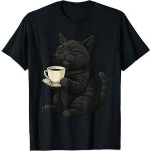 Black Cat With Coffee Cute Cat Lover T-Shirt (Black, L)
