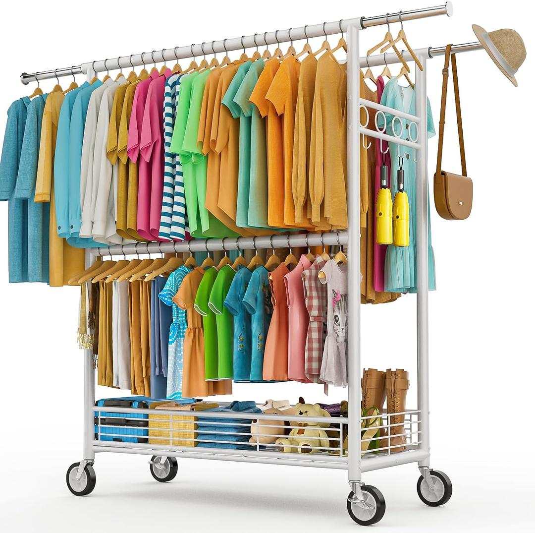 Heavy Duty Clothes Rack Load 960LBS, Three Rods Rolling Clothing Racks for Hanging Clothes, Rolling Garment Rack With Sturdy Wheels Shelves Hooks, Portable & Adjustable Commercial Garment Rack, White