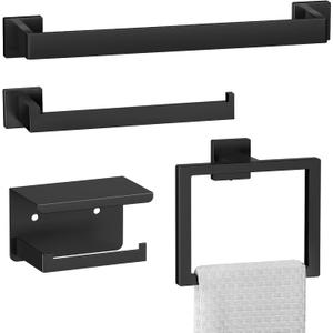 Bathroom Hardware Set  Modern Bathroom Accessory Set with Towel Racks for Bathroom, Towel Bar Set, Bathroom Accessories Set, Hooks, Toilet Paper Holder, Shelf, Towel Ring (4 Piece Matte Black)