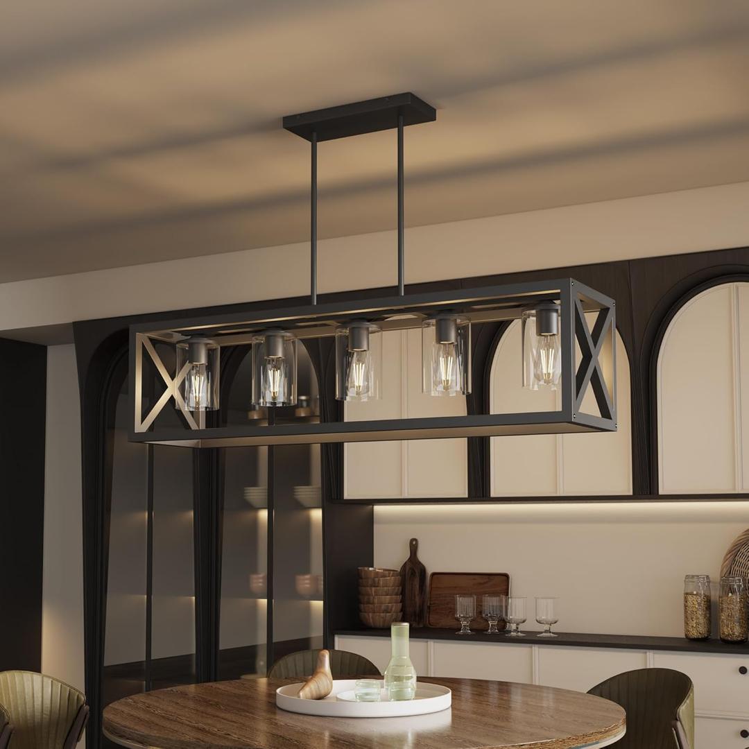 Espird Farmhouse Dining Room Light Fixture - 5 Light Matte Black Rectangle Light Fixture with Adjustable Height & Thickened Metal Dining Table Fixture Chandeliers for Dining Room&Kitchen Island