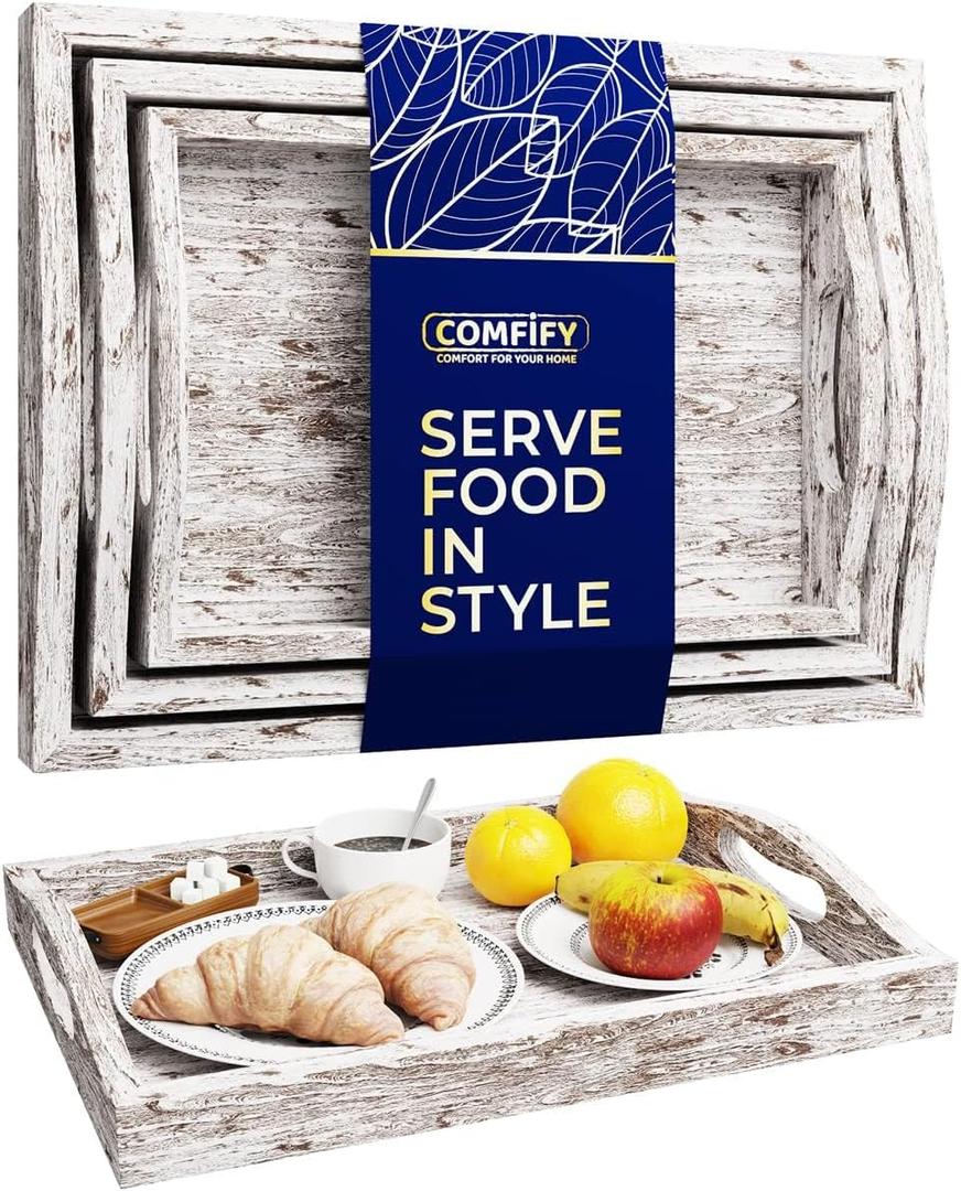 Comfify Serving Trays Set of 3 - Ottoman Wood Trays for Entertainment, Food and Decor - Rustic Farmhouse Distressed Wood Finish - Rustic White
