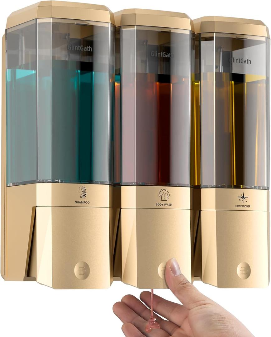 Shampoo and Conditioner Dispenser,Shower Dispenser 3 Chamber No Drill Shampoo Dispenser for Shower Wall Mounted Shower Soap Dispenser for Bathroom Hotel,Large Capacity 3 * 500ML,Gold