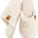 EverFoams Women's Fuzzy Slip-on Slippers Warm Cozy Soft Lightweight Memory Foam Indoor House Shoes (9-10, Cream White)