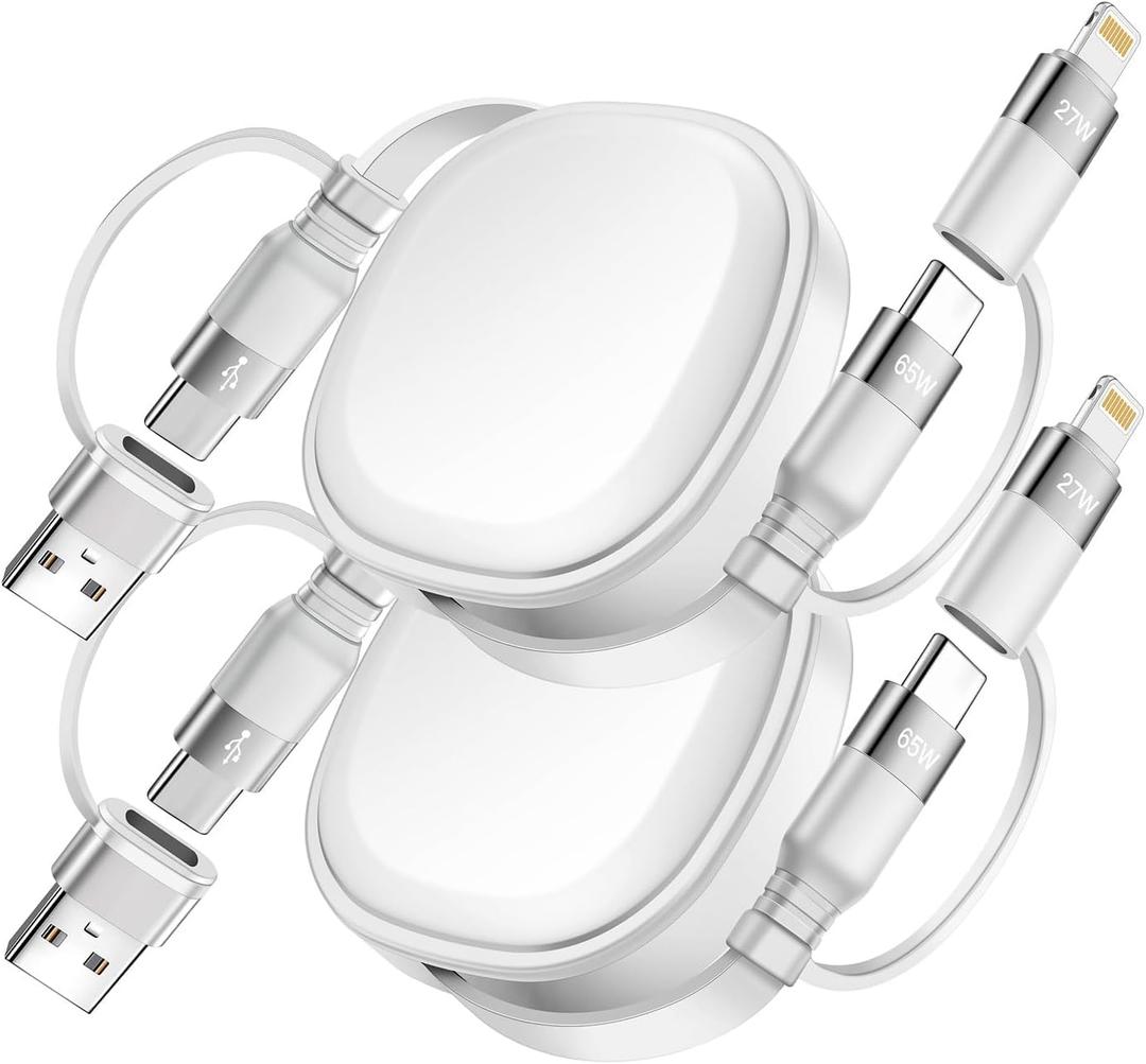 Minlu 65W Retractable Charging Cable,5 in 1 Multi Charger Cable for Travel,USB Type C Charger Cord Fast Charging Cable with USB A/C to USBC+L for iPhone 17 16 15,iPad,Samsung,PS,Macbook-2Pack,3.8ft