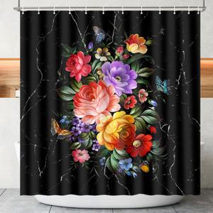 Lokigo Black Flowers Shower Curtain, Shower Curtain Colorful Floral, Polyester Fabric Waterproof Shower Curtains for Bathroom Decoration, Modern Shower Curtain Set with 12 Hooks, 72" x 72"