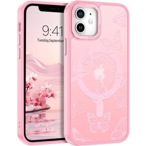 BENTOBEN for iPhone 12 Mini Case, Cute Butterfly Pattern iPhone 12 mini Magnetic Case [Compatible with MagSafe] Translucent Matte Slim Women Girl Protective Cover for iPhone 12 Mini 5.4 inch, Pink