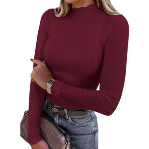 ANRABESS Women's Lettuce Trim Mock Neck Long Sleeve Tops 2025 Casual Dressy Ribbed Knit Slim Fit Tee Shirt Fall Layer Outfits (Wine Red, S)