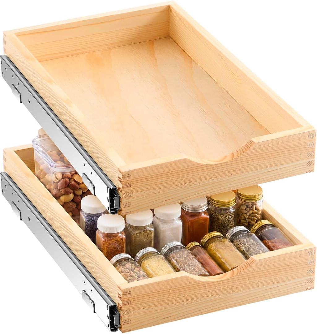 Menkxi 2 Set Wooden Pull out Cabinet Organizer Fully Assembled Slide out Pantry Drawer with Gentle Close Storage Shelf Tray for Base Kitchen Under Sink Bathroom (Wood Color,14'' X 21'' X 3'')