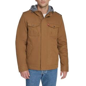 Levi's Men's Washed Cotton Military Jacket with Removable Hood (Standard and Big & Tall), Brown Soft Cotton, M