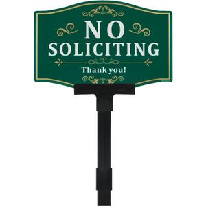 No Soliciting Sign with Stake Yard Sign, 12"x8"/36 inch Height -40-mil Thick Aluminum with Fiberglass Stake, Double-sided printing with UV Protection,With reflective film,Screwless mounting for Lawns and Gardens (Green&White)