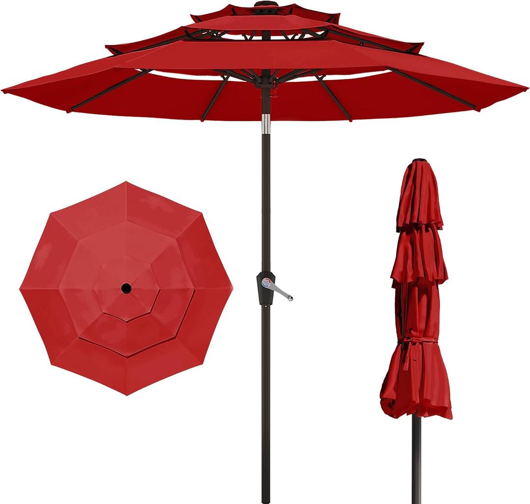 Patio Kingdom 10FT Patio Umbrella 3 Tiers Outdoor Market Umbrella w/Push Button Tilt, Crank, UV and Waterproof Table Umbrella for Garden, Pool, Backyard, Deck, Lawn, Red