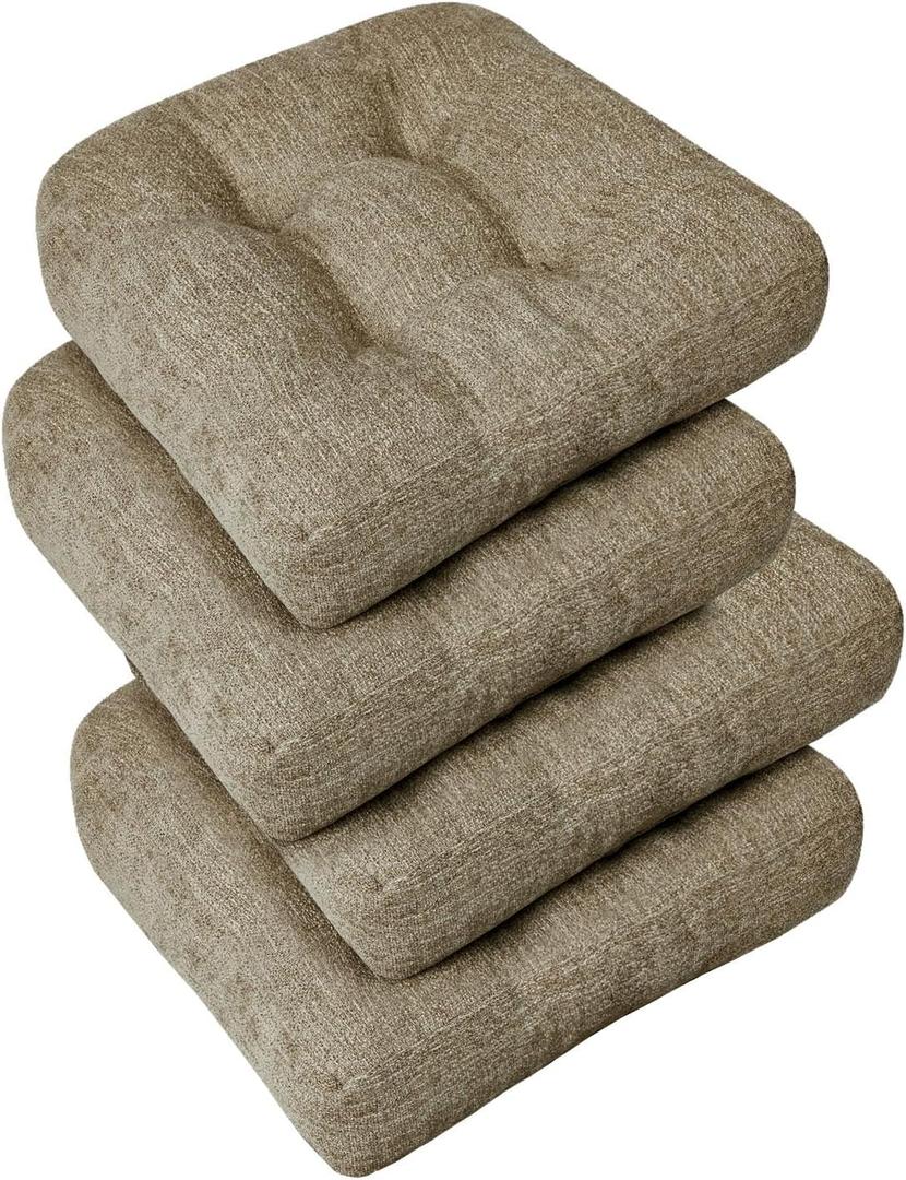 downluxe Chair Cushions for Dining Chairs 4 Pack, Tufted Indoor Chair Pads with Non-Slip Bottom, U-Shaped Kitchen Chair Cushions, 17"x17"x4", Khaki