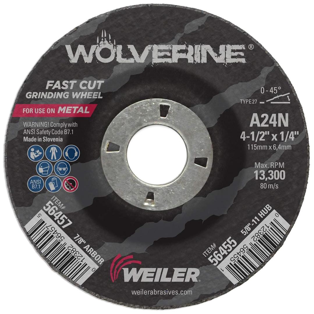 Weiler 56457 4-1/ 2" X 1/ 4" Wolverine Type 27 Grinding Wheel, A24N, 7/ 8" A.H.