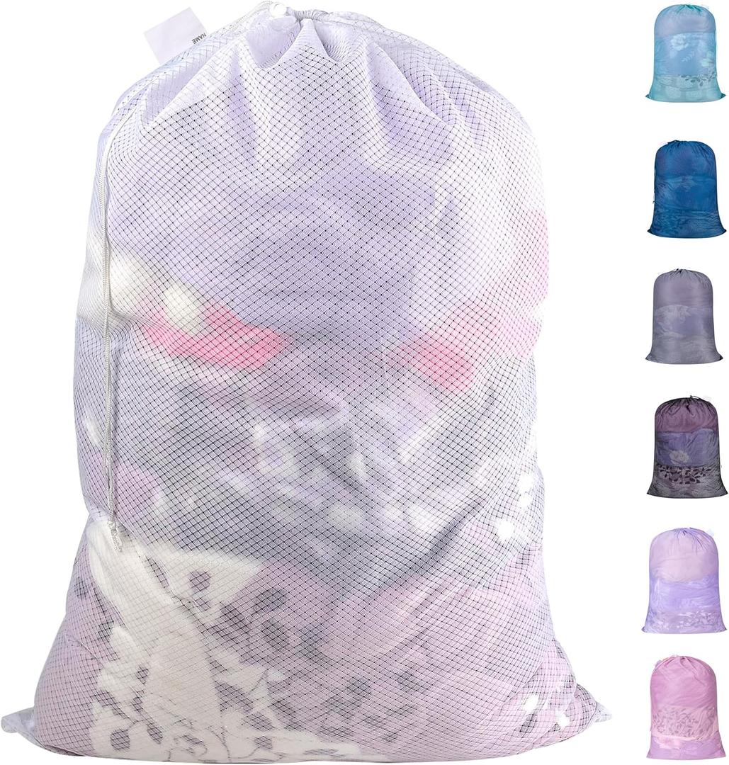 Polecasa 24 x 36 inches Extra Heavy Duty Large Mesh Laundry Bags with Drawstring Closure & ID Tag, Storage Bag for College, Travel, Sports, Dorms, White