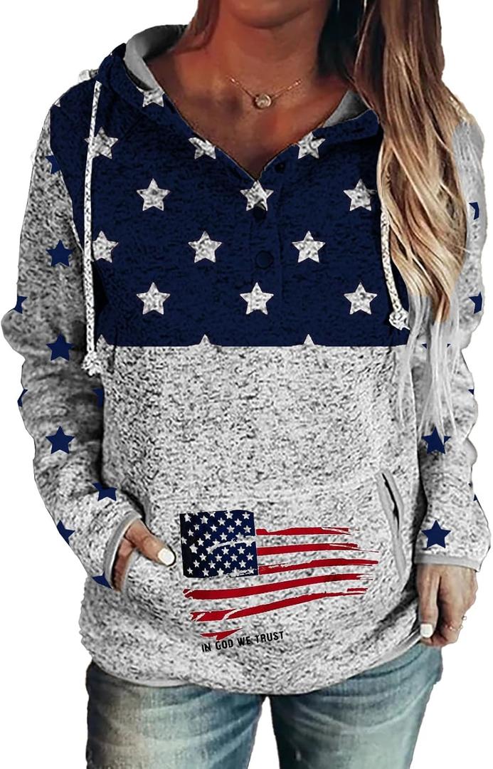 Womens Vintage Loose Casual Hoodie Long Sleeve Pullover Tops Sweatshirt with Kangroo Pocket (Medium, Flag-blue)