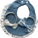 Baby Girl Gift Set, Muslin BoHo Bib with Lace and Matching Bows, Absorbent Cotton Adjustable Bib for Newborn Infant Toddler (Dusty Blue)