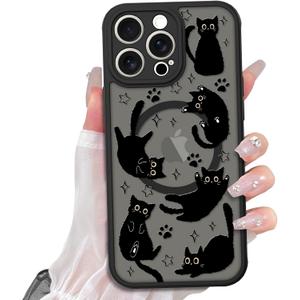 Cute Magnetic Case for iPhone 14 Pro Max Case [ Compatible with MagSafe ] with Black Cat Cats Pattern Design for Women Girls Boys, Soft Bumper Hard Back Kawaii Animal Protective Phone Cover