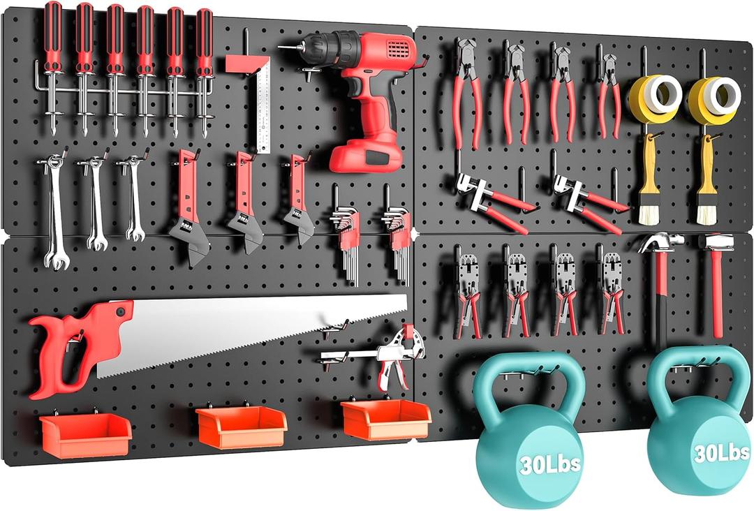 Peg Board, 84pcs Metal Pegboard Kit, Includes 4 Pack 24''X12'' Large Black Peg Board with Accessories and Hook Locks, Heavy Duty Peg Boards for Walls Home, Garage Tool Storage, Workbench