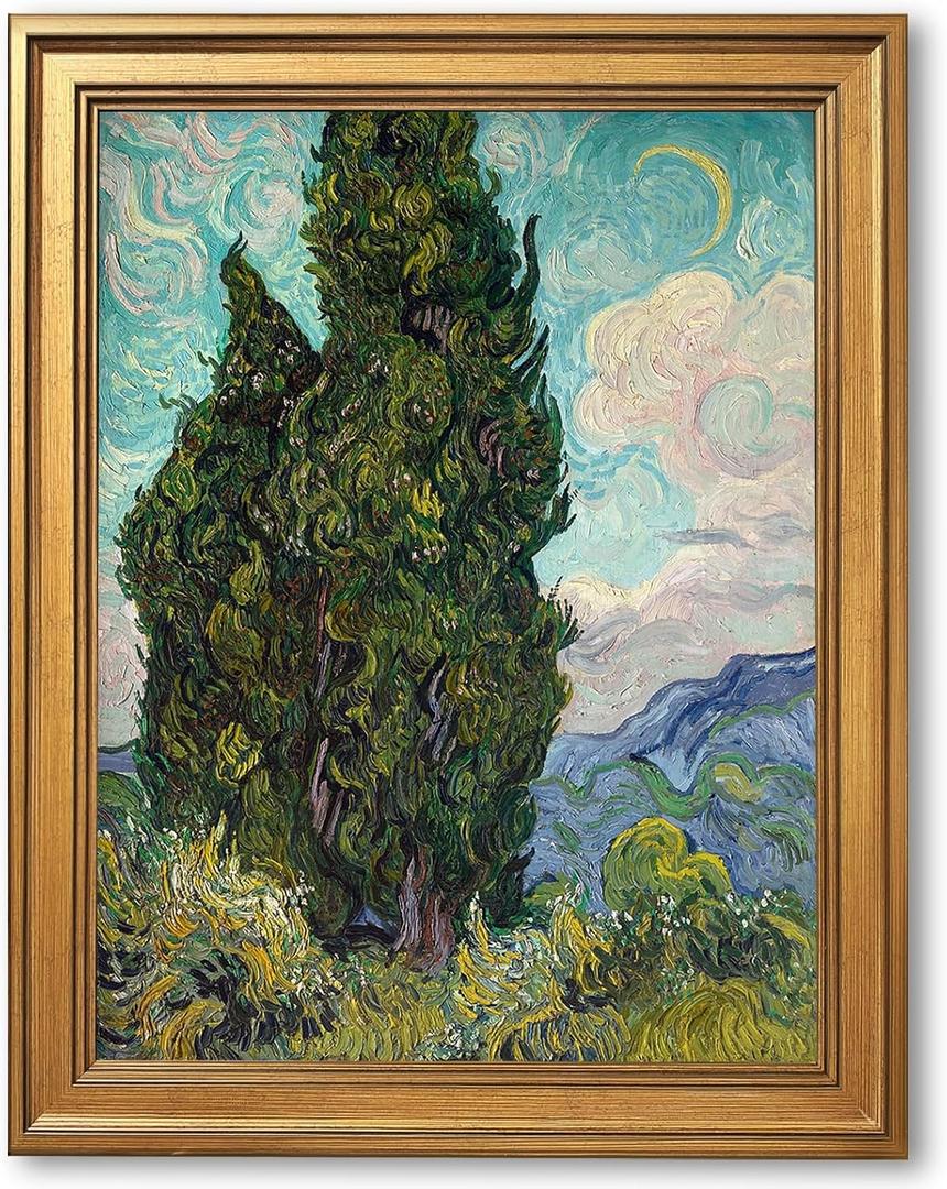 Gold Framed Large Wall Art Cypresses for Van Gogh Canvas Print Classic Impressionist Decor Famous Oil Painting Reproduction Vintage Landscape Abstract Forest Poster for Living Room 24x36inch