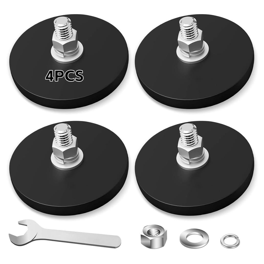 4Pack Rubber Coated Magnets, 110LBS Strong Adhesive Power Neodymium Magnet with Bolt, Anti-Scratch Magnetic Base with M6 Threaded Stud and Wrench, Magnet with Rubber Coating for Light Bar, Ptz, Camera (3.46 Inch)
