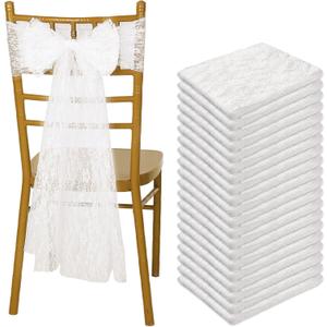 VitalCozy 50 Pcs Vintage Chair Sashes Embroidered Boho Bows Rustic Floral Chair Ties for Wedding Bridal Shower Baby Shower Birthday Party Table Decoration, 7 x 108 Inches(Lace,White)