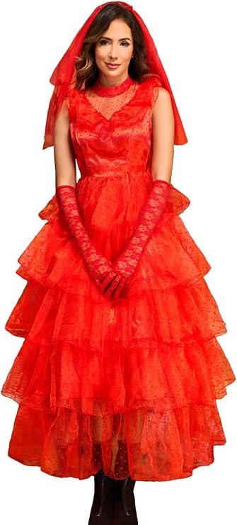 Lydia Deetz Costume Lydia Bride 80s Prom Tulle Dress Red Wedding Dress Halloween Horror Cosplay
Size XL