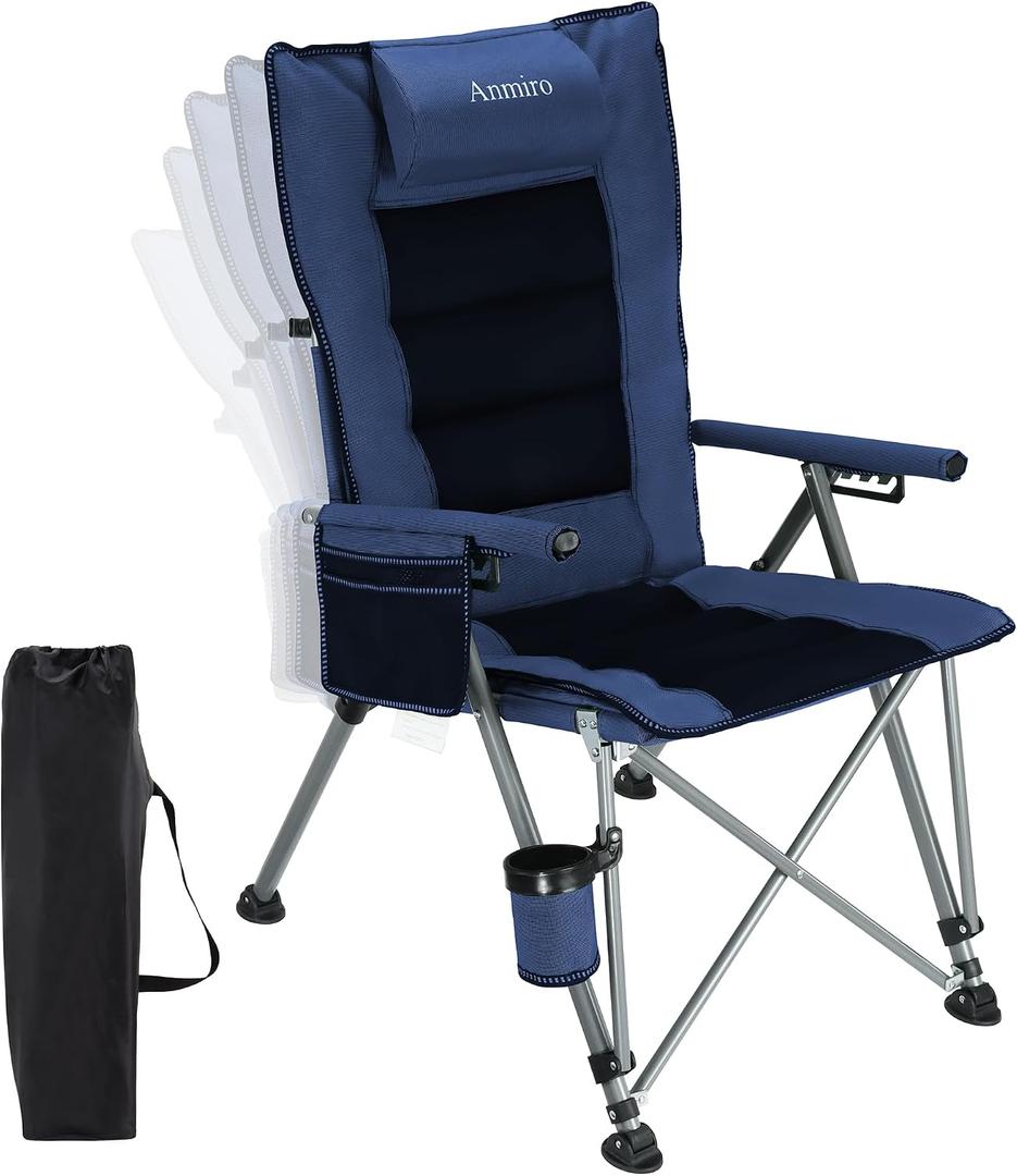 Folding Camping Chair with Cup Holder and Storage Bag, Heavy Duty Support 400 LBS, Oversized Collapsible Portable Adjustable Back Support Camping Chair for Outdoor Lawn Patio Balcony