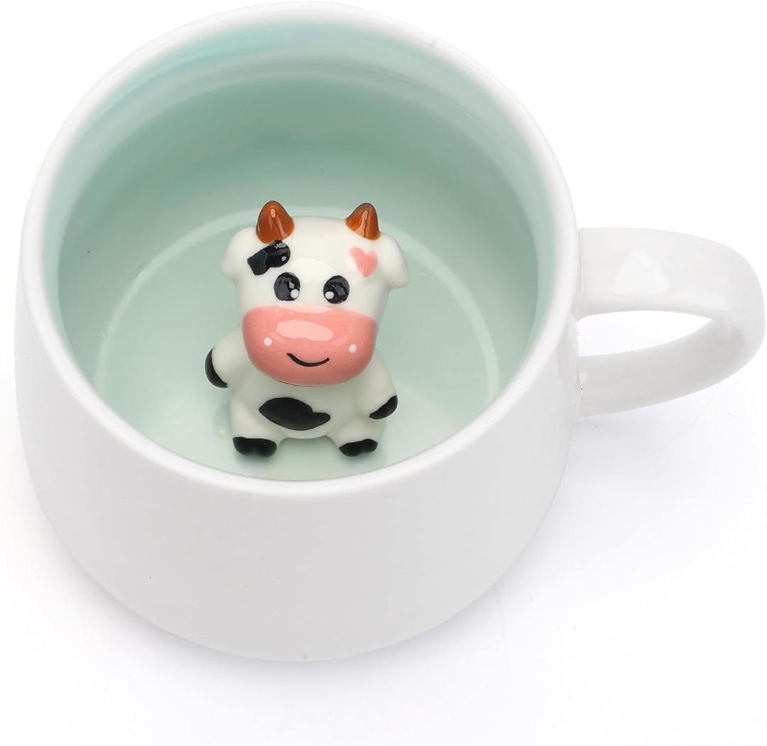 2 x Cute Cow Ceramic Coffee Mug Hidden 3D Animal In Cup Ideal Creative Holiday Christmas Gifts and Birthday Gifts for Animal Lovers Family Kids Friends Colleagues 12OZ (Black and White)