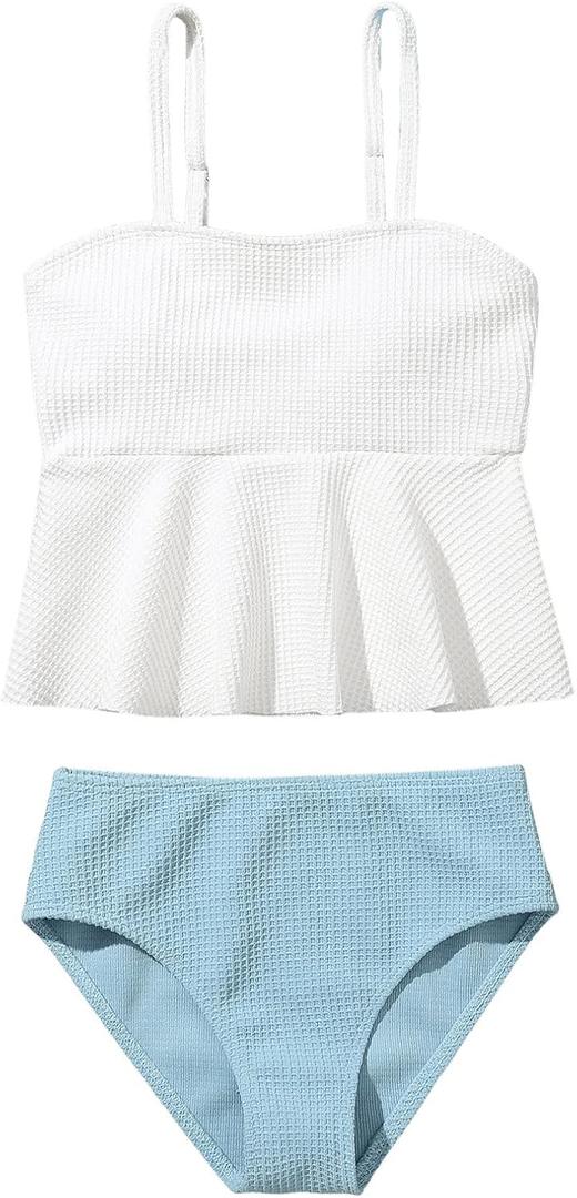 SHENHE Girl's 2 Piece High Waisted Ruffle Waffle Swimsuit Bathing Suit Bikini Sets Blue White 11-12Y
