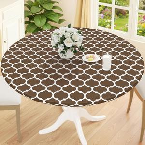 Smiry Round Picnic Tablecloth, Waterproof Elastic Fitted Table Covers for 57" - 68" Tables, Wipeable Flannel Backed Vinyl Tablecloths for Camping, Indoor, Outdoor, Brown & White