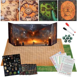 CZYY Foldable Battle Mat with DM Screen, Game Tokens, Dice Set - 2-Sided Wet & Dry Erase Terrain, Ultimate DND Starter Set, Accessories, Gift for Dungeon Master & Player