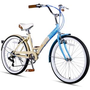 vollsch 24 Inch 6-Speed Girls Hybrid Beach Cruiser Bike for Youth Ages 6+ Years Old, City Bicycle with Shimano Gears, Dual V-Brakes Adjustable Seat, Multiple Colors, Beach & Waves