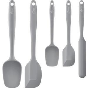 HOTEC 600℉ Heat Resistant BPA-Free Silicone Rubber Spatula Set, Kitchen Cooking Spatulas, Baking, Mixing for Non Stick Cookware, Dishwasher Safe, Set of 5 Grey