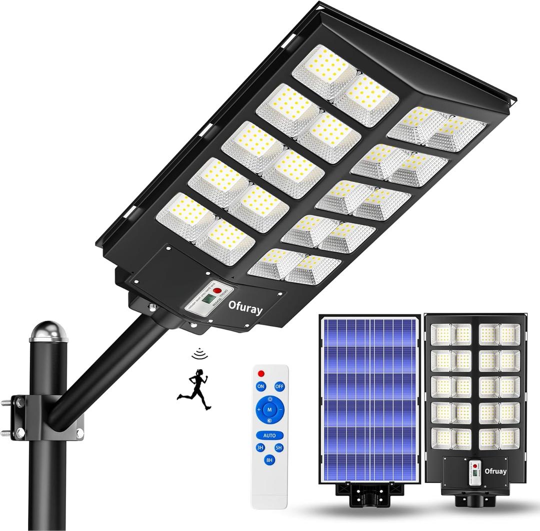 Ofuray Of-6000W Solar Street Lights Outdoor,400000Lm Solar Streets Light Parking Lot Lights Commercial Dusk to Dawn, 6500k Waterproof Led with Remote Control Motion for Street,Court,Barn