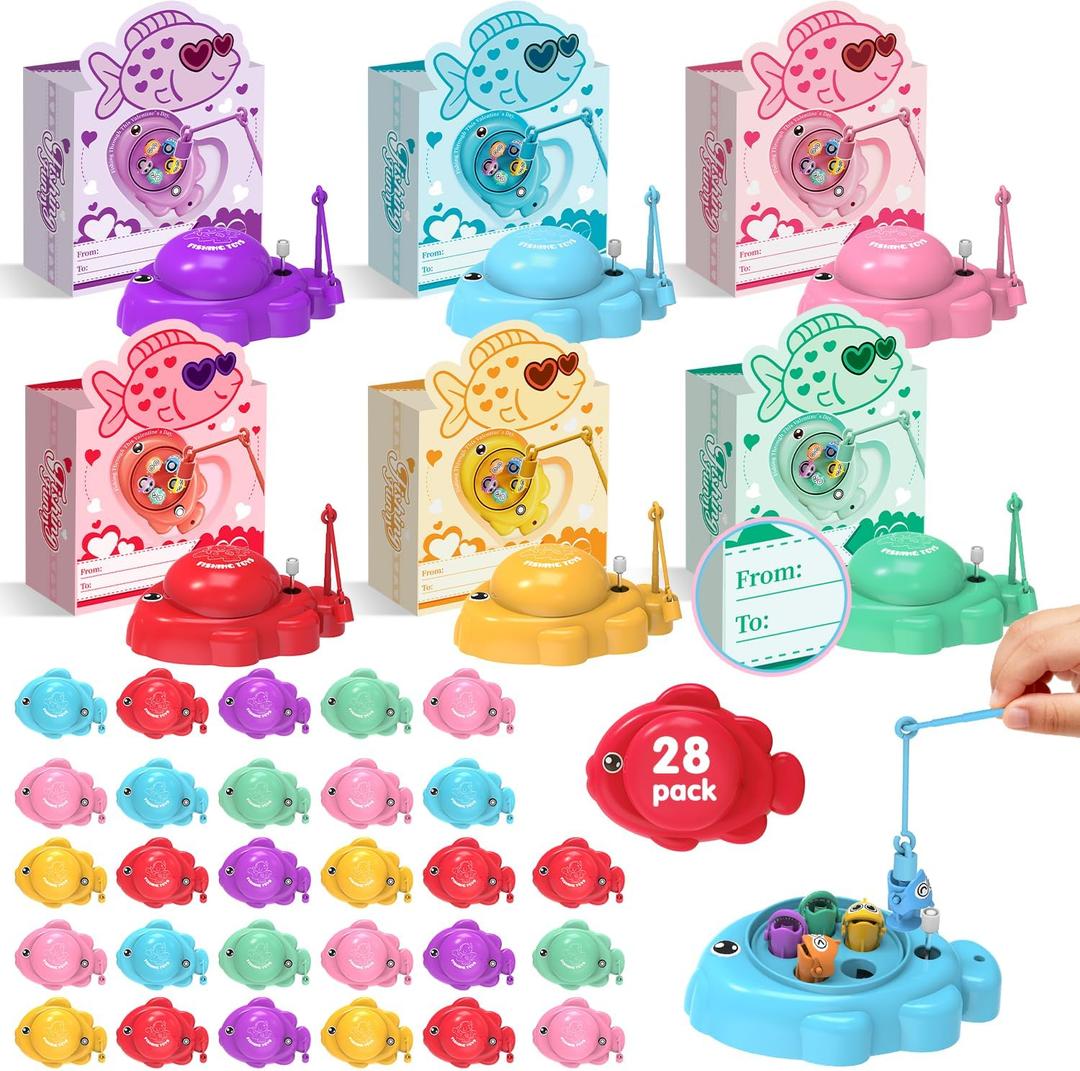 Valentines Day Gifts for Kids, 28Pcs Magnetic Fishing Game with Gift Cards Box, Wind-Up Fishing Toys with 360° Rotation for Girls Boys Ages 3-8 Valentines Party Favors Classroom School Exchange Prize