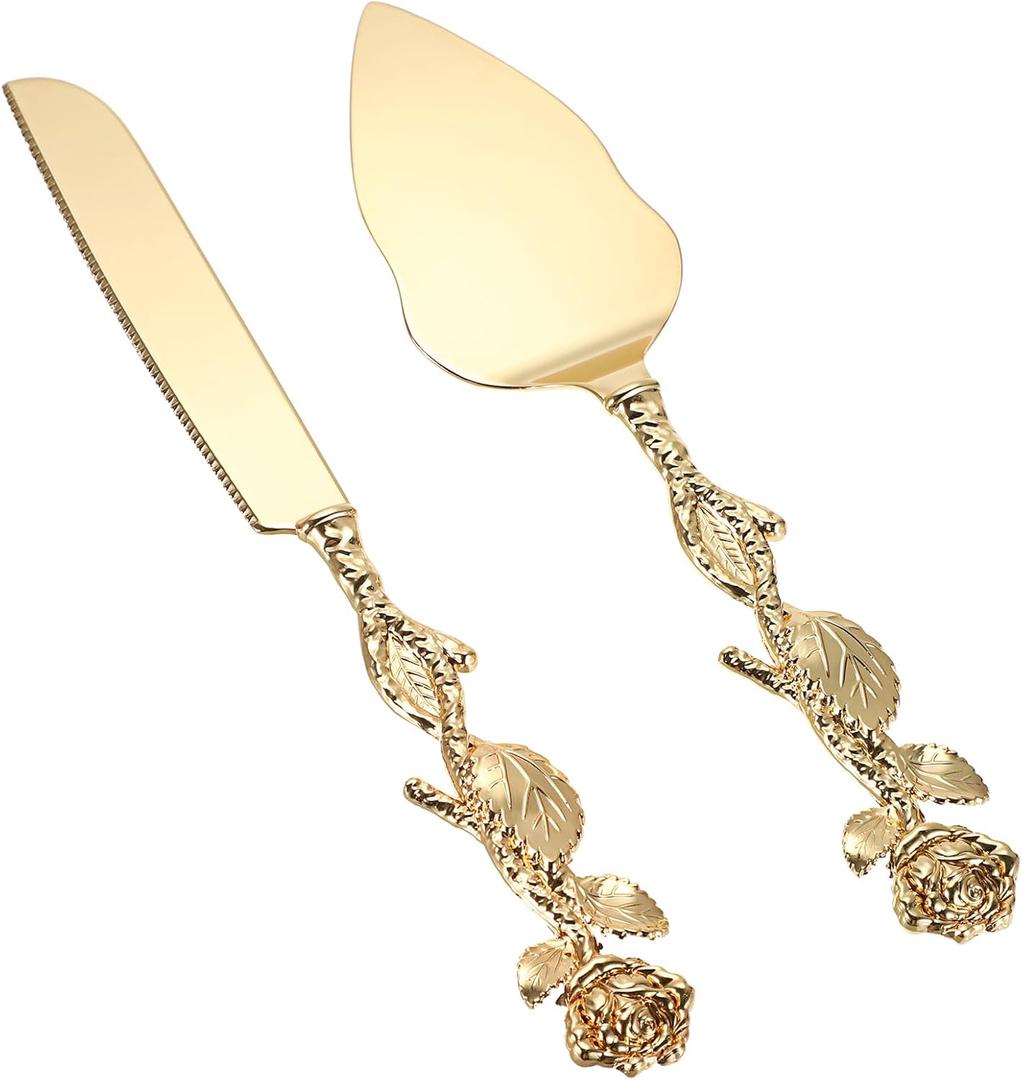 Gold Cake Knife and Server Set, Cake Pie Pastry Servers Rose Shape Handle Vintage Cake Serving Set for Wedding Birthday Parties Anniversary Christmas and Events