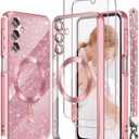 Magnetic for Samsung Galaxy A16 5G Case +2X Screen Protectors,Luxury Plated Gold Edge [Glitter Card&Wrist Strap] Slim Soft Crystal Clear TPU Shockproof Case Cover for Galaxy A16 5G-Pink