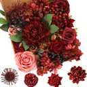 Floweroyal Artificial Flowers Combo Burgundy Flowers Mix Silk Flowers Dahlia Roses with Stems for DIY Wedding Bridal Bouquets, Baby Shower, Floral Arrangement, Table Centerpieces, Home Decorations.